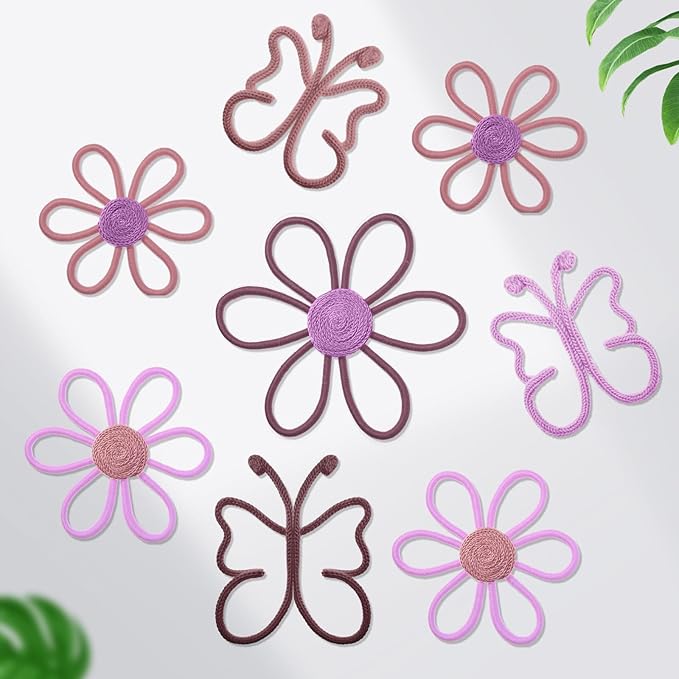 Wesiti 9 Pcs Boho Nursery Decor 3 Size Daisy Flower and Butterflies Woven Macrame Wall Hanging for Home Nursery Bedroom Dorm Wall Art(Fresh Color)