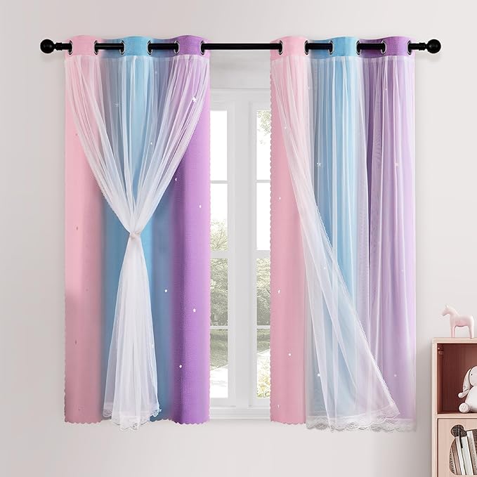 XiDi Kids Curtains 45 Inch Length for Girls Bedroom 2 Panels Blackout Short Curtains for Kids Nursery Room Darkening Window Drape Unicorn Princess Theme Decor Grommet Top Pink/Purple/Blue 42x45