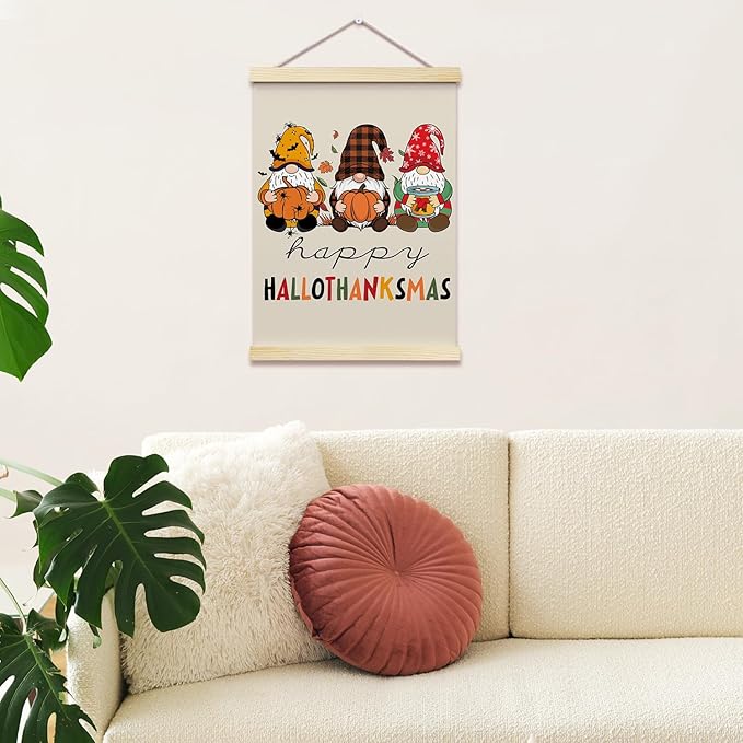 Happy Hallothanksmas Posters Hanger Frame Hanging Poster for Home Office BedRoom Decor Wall Art Decor Gifts for Thanksgiving Halloween Christmas Autumn Canvas Wall Art Print 16x12 Inches - YY068