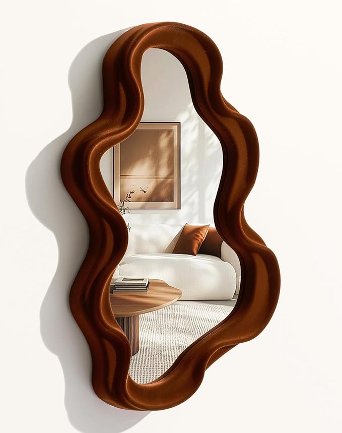 Retro Wavy Mirror Wall Decor for Living Room, 16x12 Asymmetrical Wall Mounted Mirror for Girly Bedroom Decoration, Velvet Touch Decorative Tray Home Accent for Dining Room Kitchen (Maroon)