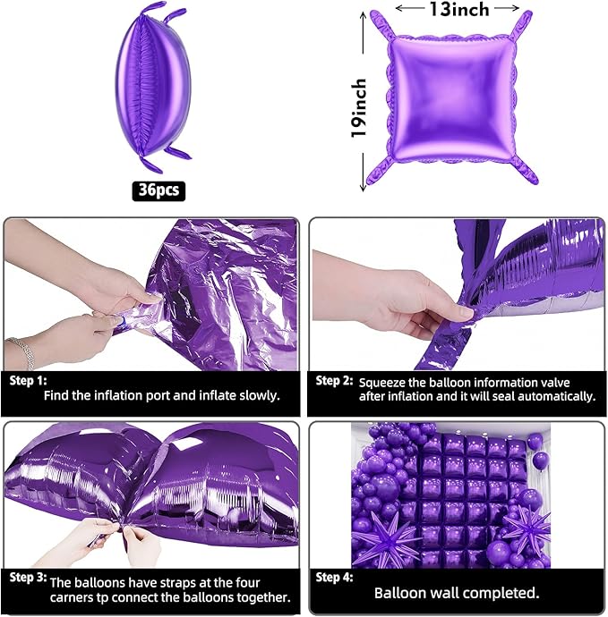 36pcs Purple Square Foil Balloons Wall Backdrop with 79pcs Balloon Garland Arch Kit, Double Sided Balloon for Birthday Baby Shower Bridal Shower Anniversary Prom Graduation Party Decorations