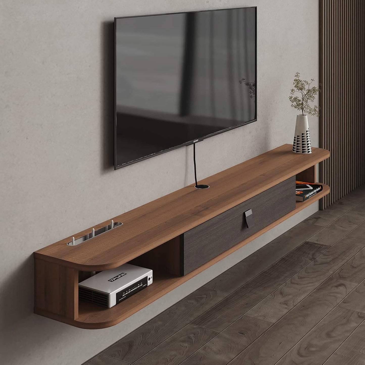 Pmnianhua Floating TV Shelf, 47'' Wall Mounted TV Stand Floating TV Console Media Entertainment Under TV Shelf for Bedroom Livingroom (Walnut)