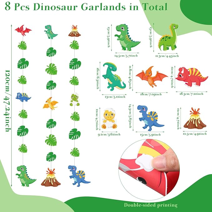 8 Pcs Dinosaur Party Decorations Dinosaur Garlands Watercolor Dino Hanging Banner Palm Leaves String Decor for Boy Jungle Dino Theme Birthday Baby Shower Party Supplies Home Wall Backdrop