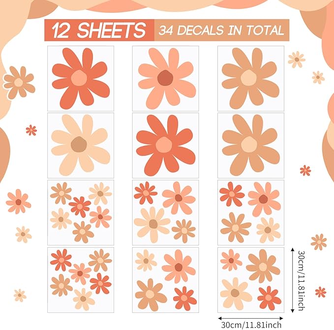 TaoBary 12 Sheet Daisy Wall Sticker Decal Removable Cute Daisy Bedroom Room Decor Flower Wall Sticker Pink White Flower Decal Wallpaper Peel and Stick for Nursery Home(Orange,Colorful Style)