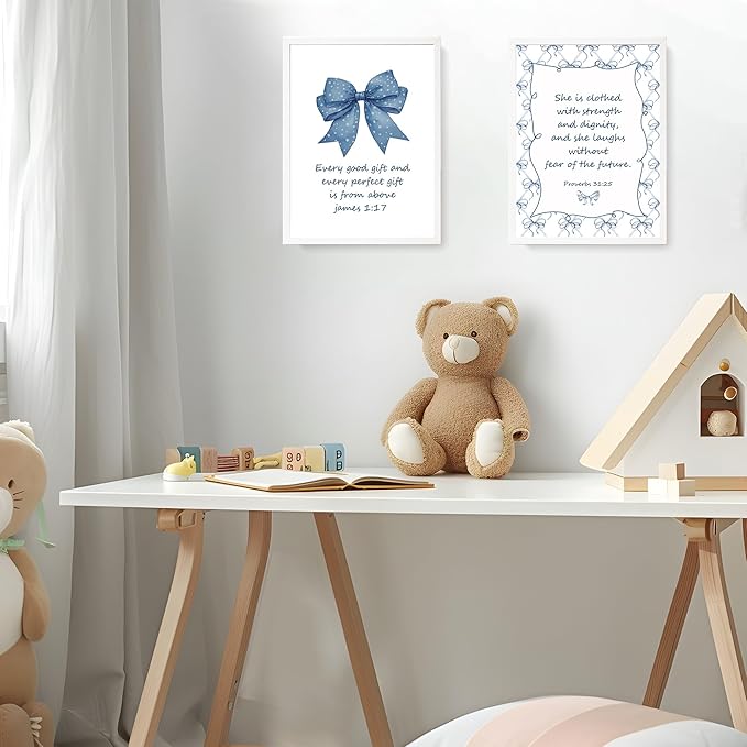LARTSFRO Coquette Navy Blue Bow Jesus Wall Art Decor Posters, Blue Bow Christian Room Bedroom Bathroom Wall Art Decor Aesthetic for Teen Girls College Gifts, Inspirational Bible Verses Bow Wall Decor, 12x16 Inch Set of 4 Bow Pictures(UNFRAMED)