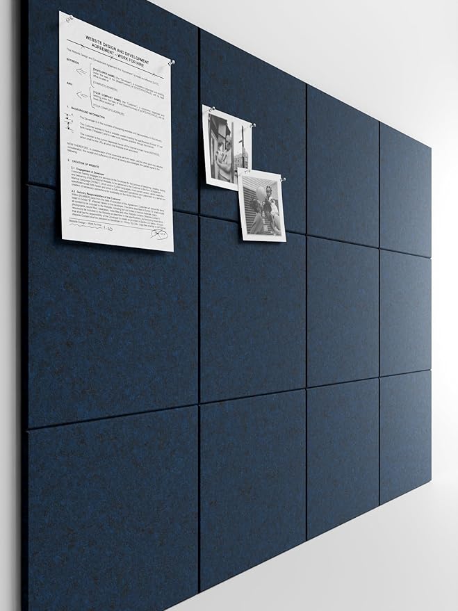 Bumusty Large Cork Board 48" x 36" Alternative - 12 Pack Felt Wall Tiles with 70 Safe Removable Adhesive Tabs, 30 Pushpins, Cork Boards for Walls Pin Board Bulletin Board Office Decor (Carbon Blue)