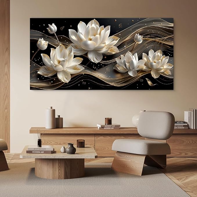 Bamdeya Abstract Wall Art Living Room Large Canvas Pictures White Flower Wall Art Petals Poster Browm Artwork for Walls Bedroom Wall Decor Modern Framed Bathroom Office Home Decorations