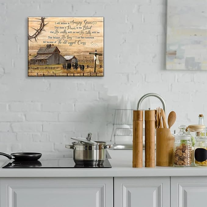 Vintage Farmhouse Wall Art Old Barn Wall Decor Cross Canvas Christian Inspirational Quotes Painting Pictures I Still Believe in Amazing Grace Poster Print for Living Room Bedroom (16x12in Canvas)