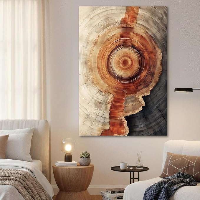 IBHJSART Framed Tree Ring Canvas Wall Art Vintage Colorful Wood Stump Painting Prints Modern Minimalist Pictures Neutral Nature Rustic Farmhouse Decor Living Room Bedroom Bathroom Office