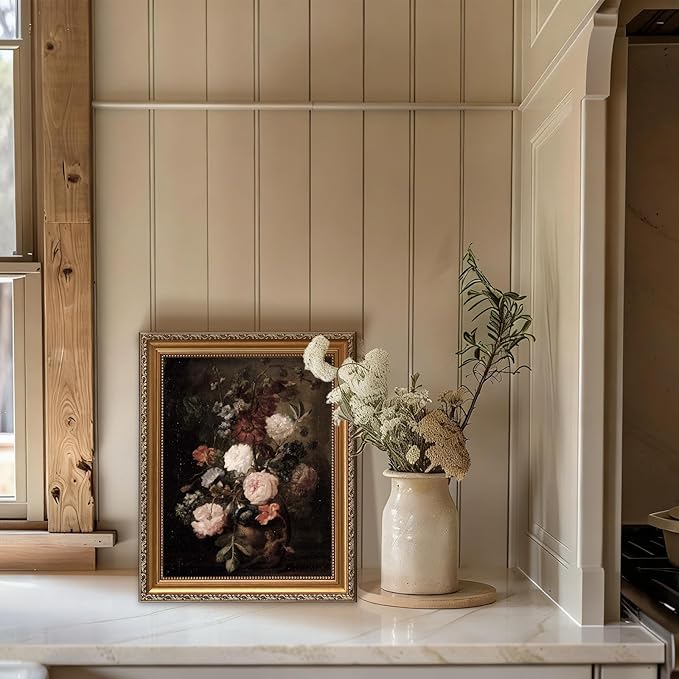 ASTRDECOR Vintage Floral Framed Wall Art, Moody Antique Flower Oil Painting Print, Dark Botanical Canvas Artwork for Rustic Farmhouse & Modern Home Decor, Floral Pictures Canvas Artwork 12x16 inch