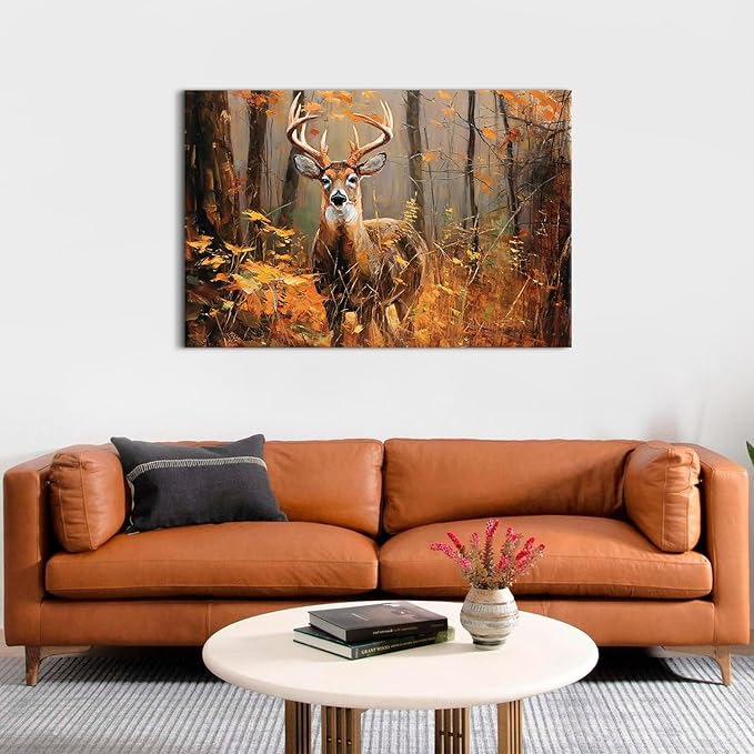 Fall Forest Wall Art Deer Wall Decor Rustic Wildlife Animal Painting Nature Autumn Landscape Canvas Prints Maple Leaves Picture Farmhouse Elk Artwork for Kitchen Living Room Home Decoration 32x48"