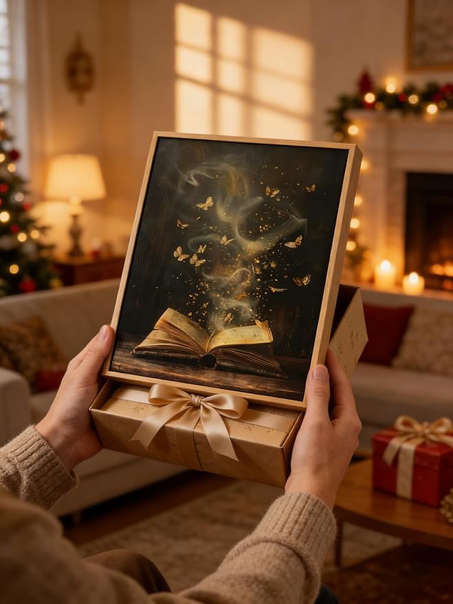 Framed Moody Victorian Bookish Wall Art Dark Academia Library Canvas Wall Decor Picture Vintage Reading Nook Butterfly Aesthetic Painting Poster Print for Gallery Library Bookstore Decoration 8x10in