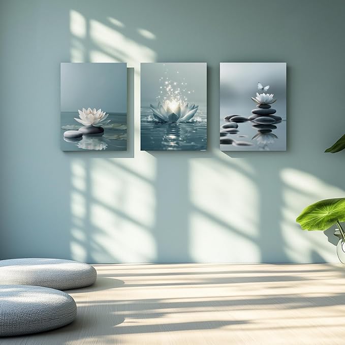 GELDSTEI Calm Zen Botanical Canvas Wall Art, White Lotus Blooming on Stones in Water Aesthetic Pictures, Yoga Spa Meditation Room Decor, Modern Spiritual Poster Prints for Zen Office Framed Set of 3, Each 12x16 Inch