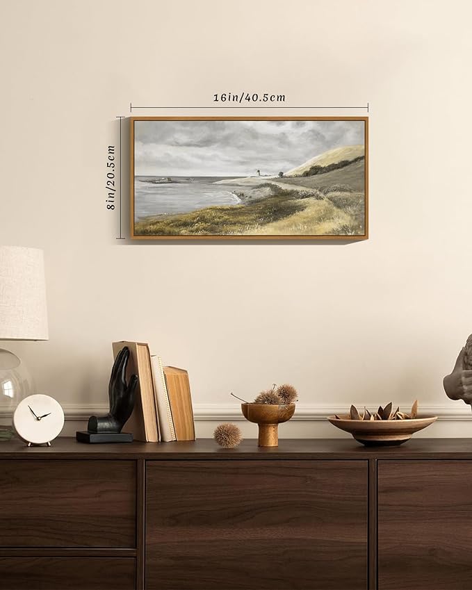 SHENIFY Vintage Framed Wall Art Coastal Seascape Landscape Painting Retro Meadow Scenery Farmhouse Kitchen Living Room Decor - 8x16in Natural Framed