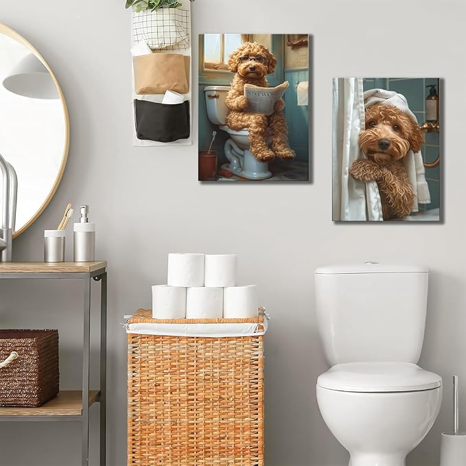 Yaneiro Funny Bathroom Canvas Wall Art-Set of 2 Poodle On Toilet Reading Newspaper Wall Decor Goldendoodle In Shower Humor Animal Poster Picture for Dog Lovers Restroom Ideas Decor 16x24 Inch Framed