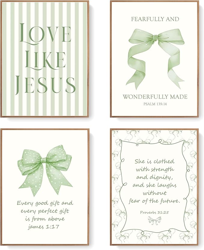 LARTSFRO Coquette Sage Green Bow Jesus Wall Art Decor Posters, Green Bow Room Bedroom Bathroom Wall Art Decor Aesthetic for Teen Girls Gifts, Inspirational Bible Verses Bow Wall Decor, 12x16 Inch Set of 4 Bow Pictures(UNFRAMED)