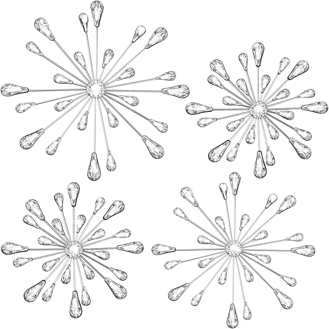 Hicarer 4 Pcs Starburst Wall Decor Bling Wall Art Crystal Teardrop 3D Hanging Rhinestone Radial Metal Artwork Modern Accent Sculptures Decorations for Living Room Home Office Bedroom(Silver)