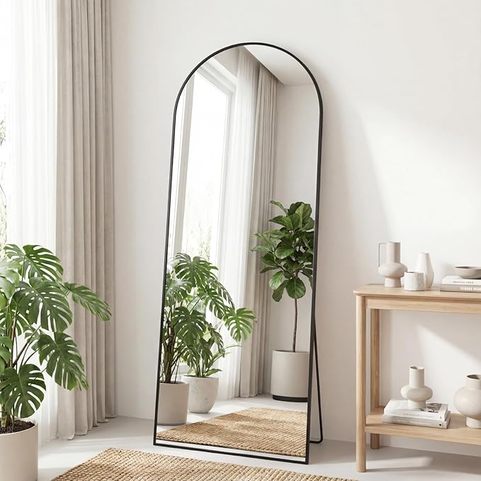 DUMOS Arched Full Length Mirror with Stand Floor Free Standing Aluminum Frame for Bedroom Body Hanging Leaning Modern Simple Home Decor Shatter-proorf Nano Glass Wall Black 65"x24"
