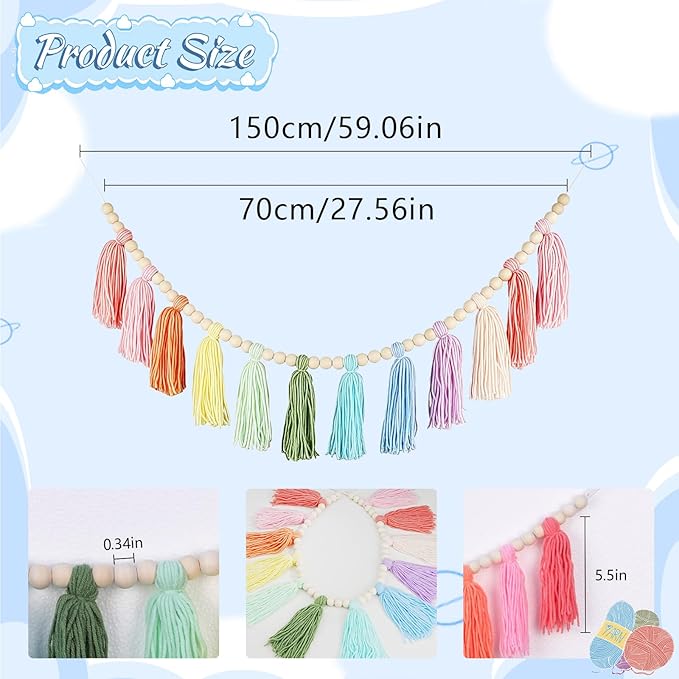 Boho Yarn Tassel Garland - Handmade Wall Hanging Decor for Nursery, Baby Shower, Kids Room, Classroom, Birthday Party | Macrame Tassels Bunting Banner for Bedroom, Office, Home Decoration (Colorful)