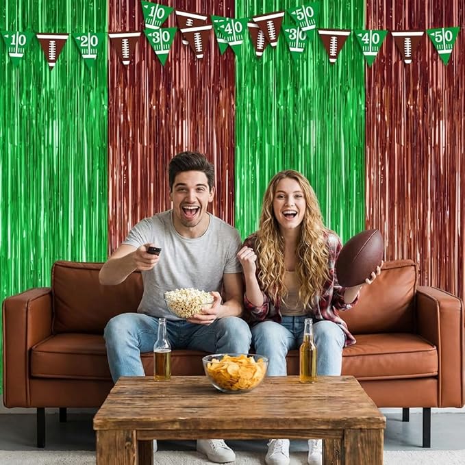 2 Pack Football Party Decorations, 3.28 FT x 6.58FT Tinsel Backdrop, Green Brown Foil Fringe Curtains Metallic Party Streamer, Football Party Supplies Game Day Decorations 2026 Birthday Party Supplies