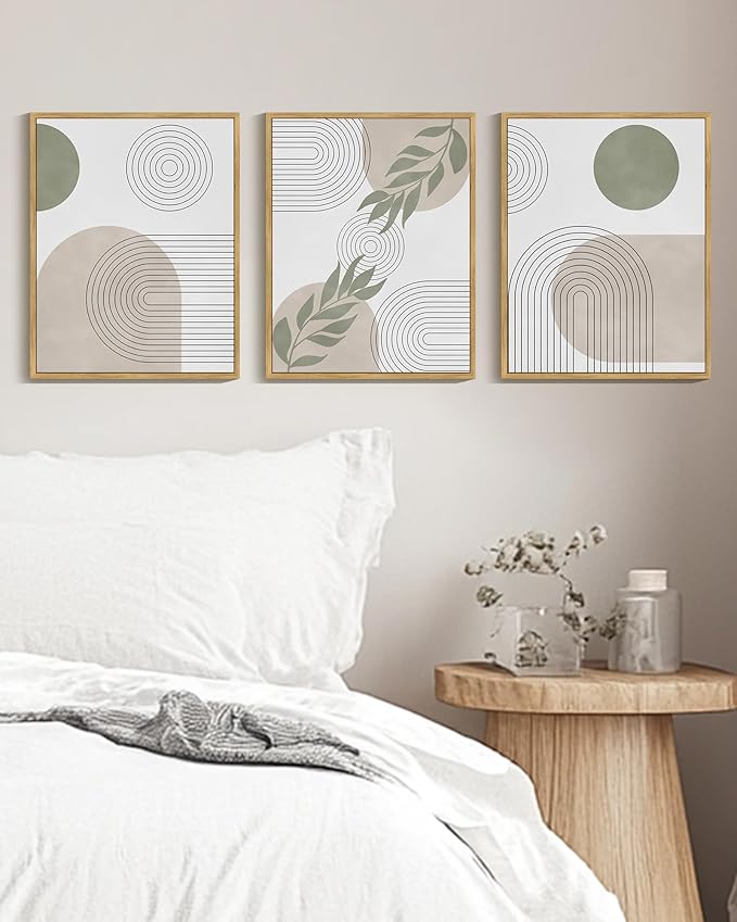 Drsoum Green Botanical Boho Wall Art Framed Modern Bohemian Sage Wall Decor Abstract Geometry Lines Prints Ready to Hang 11x14in Natural Framed