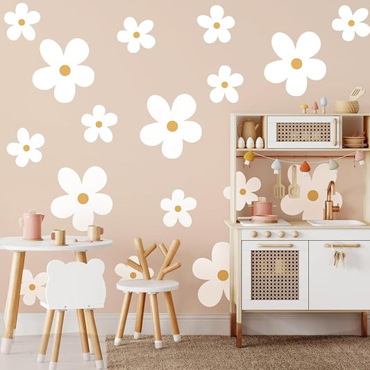 TaoBary 12 Sheet Daisy Wall Sticker Decal Removable Cute Daisy Bedroom Room Decor Flower Wall Sticker Pink White Flower Decal Wallpaper Peel and Stick for Nursery Home(White, Yellow,Stylish Style)