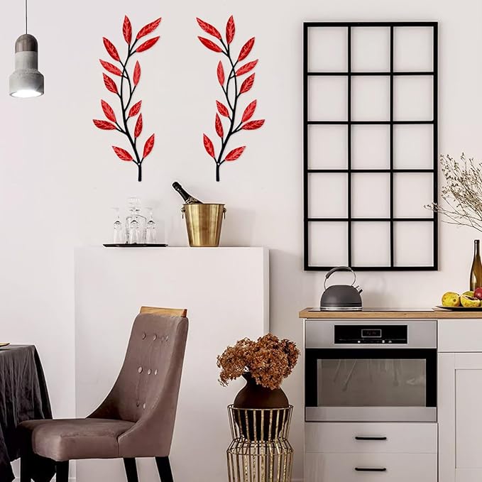 Metal Tree Leaf Wall Decor 2 PCS Rustic Vine Branch Leaf Wall Art for Living Room Bedroom Bathroom Decorations - Red