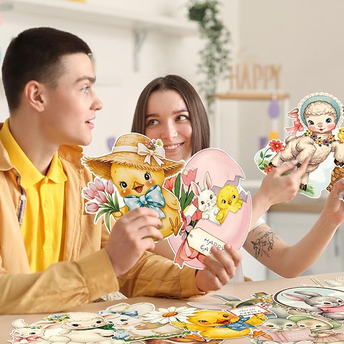 12 Pcs Large Vintage Easter Cutouts Watercolor Double Sided Printing Happy Easter Paper Cuts Spring Rustic Farmhouse Bunny Rabbit Egg Cutout for Party Baby Shower Birthday Classroom Wall Decor