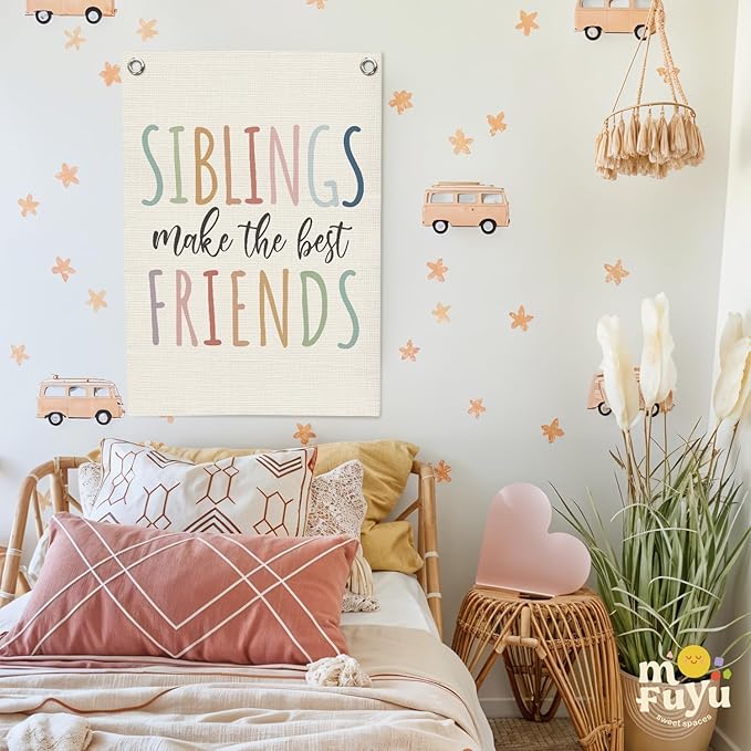Kids Room Decor,Sisters Make The Best Friends,Boho Girls Bedroom Playroom Toddler Kids Space Decorations,Baby Girl Room Wall Hanging Pennant Flag Banner 18x25 Inch