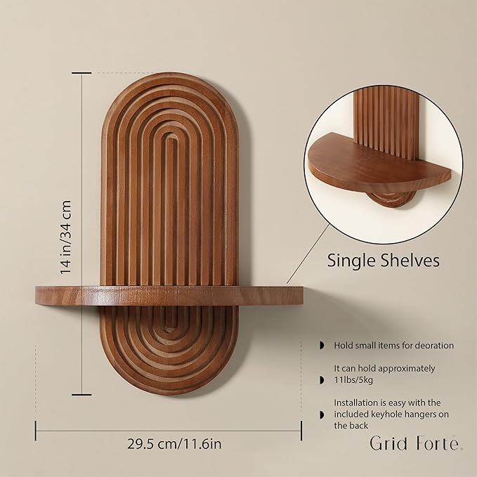 Modern Wall Shelf (Set of 2) with Arched Wood Design Mid-Century Single Floating Rainbow Shelves for Indoor Decoration Holding Planter Ornaments, 14 x 11.6 Inch (Walnut)