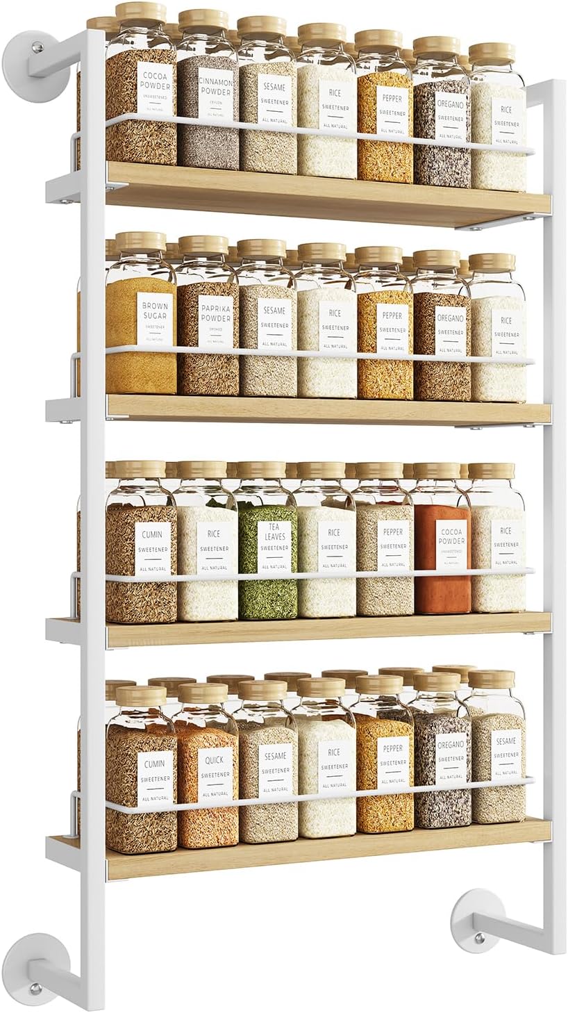 IBUYKE Spice Rack Wall Mount,4 Tier Hanging Seasoning Organizer,Spice Rack for Wall for up to 50 Jars,Spice Organization for Kitchen Cabinet,Living Room,Bathroom,Pantry,Natural TLJ016R