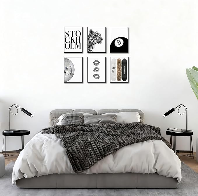 Framed Fashion Trendy Leopard Wall Art Set of 6 Stockholm Preppy Room Painting Picture Wall Decor Black White Aesthetic Cheetah Poster Print Artwork for Girls Bedroom Dorm Apartment Home Decoration