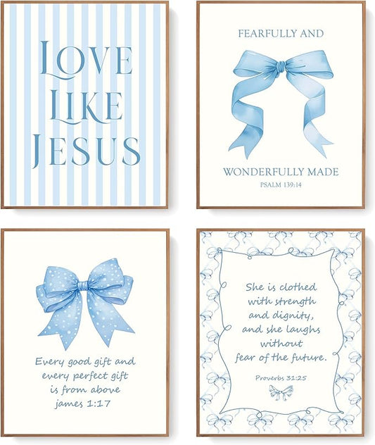 LARTSFRO Coquette Blue Bow Jesus Wall Art Decor Posters, Light Blue Bow Christian Room Bedroom Bathroom Wall Art Decor Aesthetic for Teen Girls Gifts, Inspirational Bible Verses Bow Wall Decor, 12x16 Inch Set of 4 Bow Pictures(UNFRAMED)