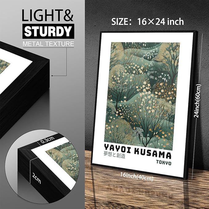 Yayoi Kusama Inspired Poster Japanese Botanical Wall Art Abstract Yayoi Kusama Print Modern Ukiyo-e Japanese Gallery Wall Decor 16x24in Black Framed for Home Bedroom Decorations