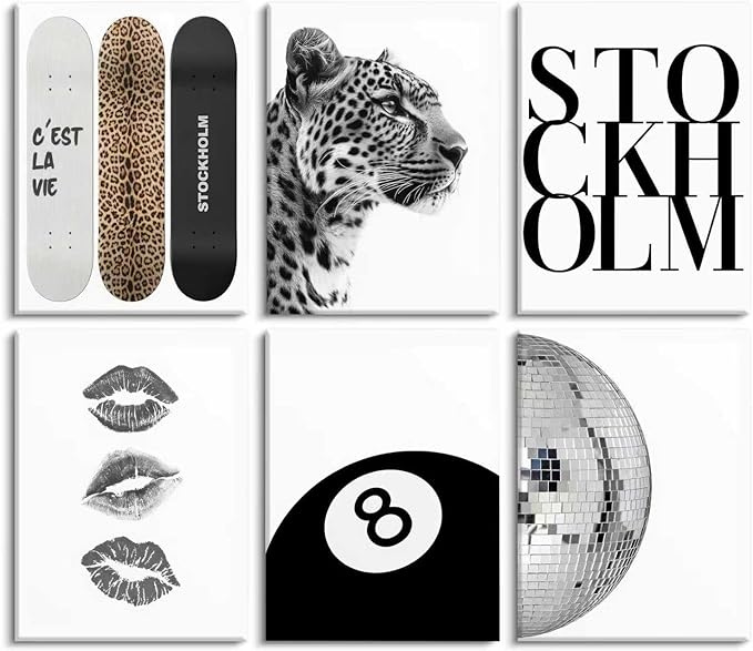 Fashion Trendy Leopard Wall Art Set of 6 Stockholm Preppy Room Painting Picture Wall Decor Black White Aesthetic Cheetah Poster Print Artwork for Girls Bedroom Dorm Apartment Home Decoration