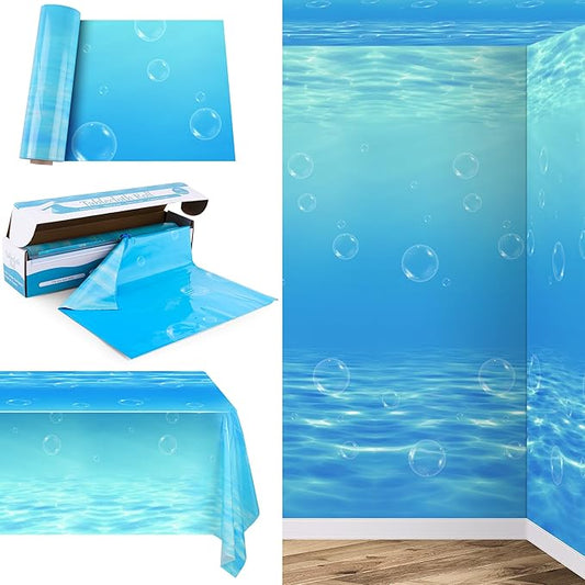 Kochorie 54 Inch x 100 Ft Ocean Waves Plastic Tablecloth Roll in Slide Cutter Box Under the Sea Table Cover Blue Water Print Backdrop Bulletin Board Plastic Roll for Beach Pool Birthday Party Decor