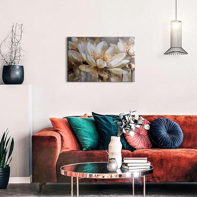 Lotus Flower Wall Art Abstract Floral Wall Decor Vintage White and Gold Flowers Canvas Wall Prints for Living Room Bedroom Zen Meditation Paintings Spa Yoga Posters Artwork Office Decoration 16x24"