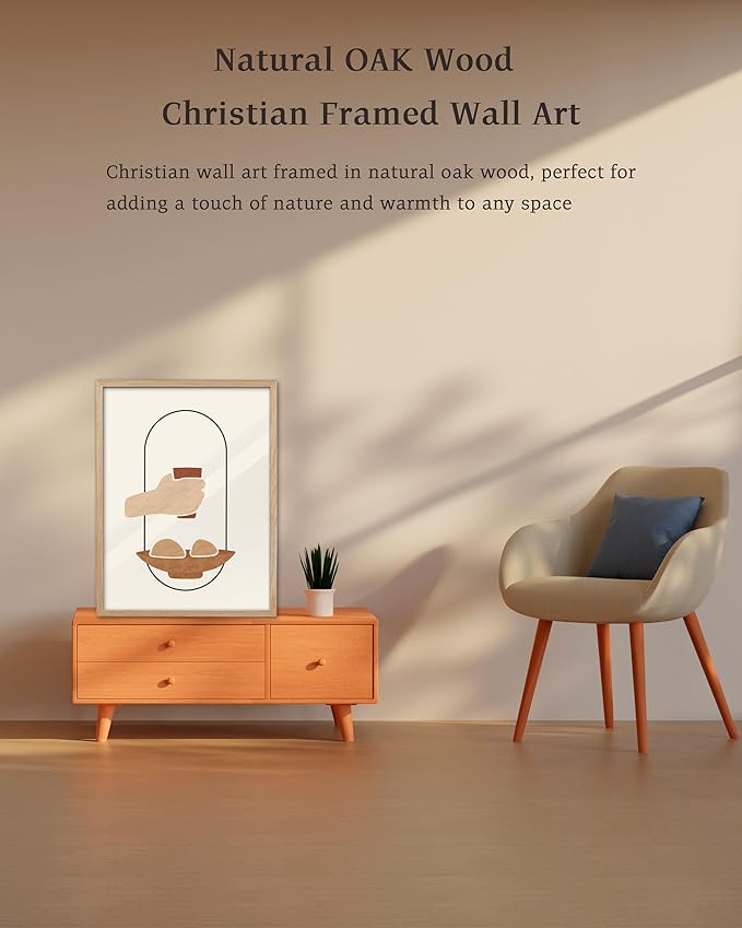 KensTro Natural OAK Wood Beige Boho Christian Framed Wall Art,16x20 in Mid Century Modern Religious Kitchen Art,Holy Communion Print,First Communion Ornament and Gift,Fit for Living Room Bedroom 1Pack