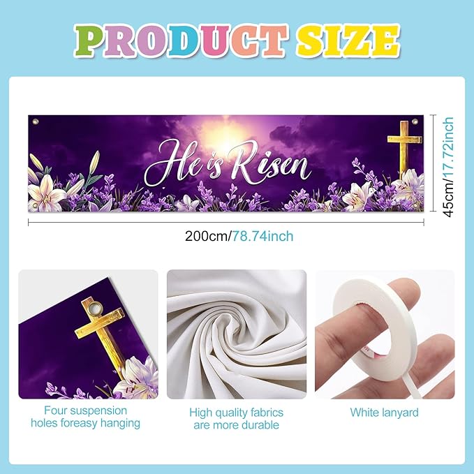 He Is Risen Easter Banner Christian Resurrection Spring Decor 78 x 17 Inch Religious Purple Cross Flower Scene Banner for Church Yard Fence Door Wall Indoor Outdoor Easter Display