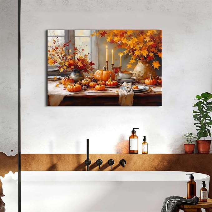 Farmhouse Pumpkin Wall Art Orange Pumpkins Wall Decor Rustic Farm Fall Harvest Pictures Halloween Thanksgiving Autumn Canvas Prints Painting Artwork for Kitchen Dining Room Home Decoration 24x36"