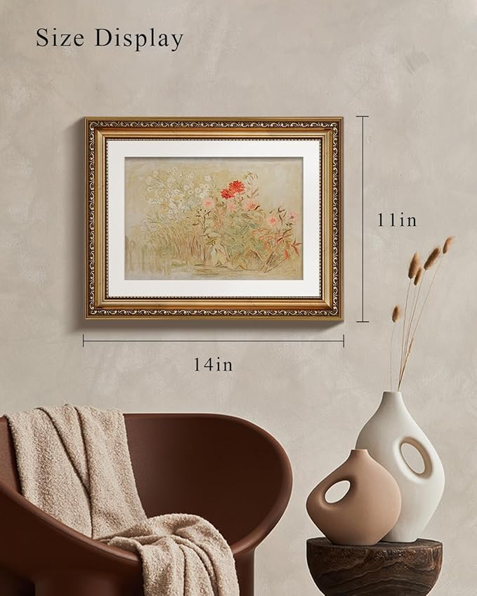 VIYYIEA Gold Framed Vintage Floral Garden Canvas Wall Art, Elegant Wall Decor for Living Room, Bedroom or Office - Modern Home Aesthetic | No-Glass Design, Lightweight Anti-Glare Finish | 11x14 Inch