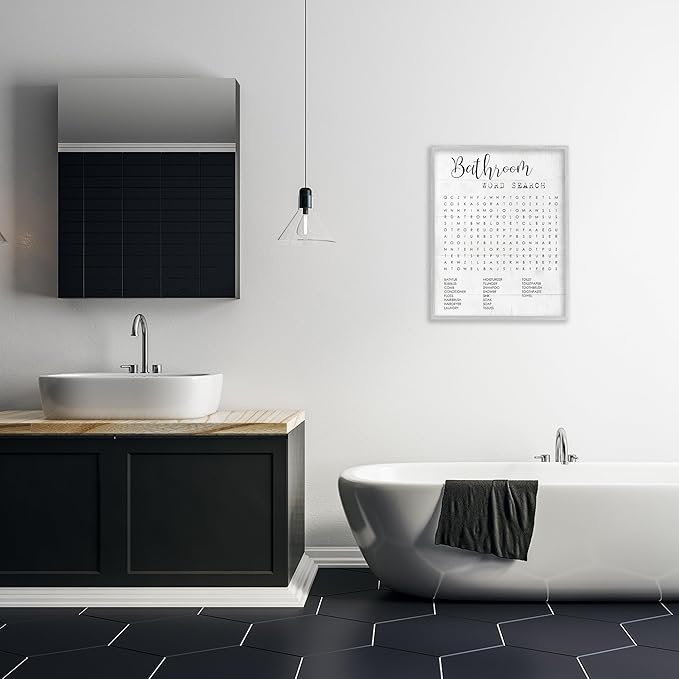 Art Piece 'Bathroom Word Search Family Fun', Framed Giclee Art, Gray, 24 x 30 - Sturdy Block Frame Ready to Hang -Proudly Made In USA (Johnston, RI) - Design By: Lil' Rue