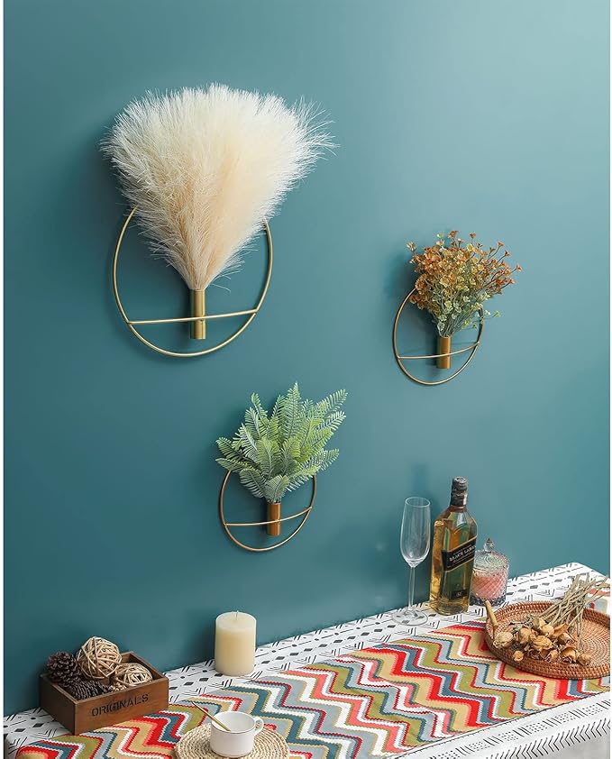 Pretty Jolly Boho Wall Decor, Large Wall-Mounted Metal Wall Decor, Hanging Artificial Pampas Display, Wall Art Living Room, Bedroom, Bathroom, Dining room, 2 Pack Gold Beige