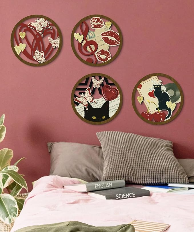 Putuo Decor Boho Wall Decor Set of 4, Round Boho Cat Wall Art, Mid Century Modern Decr,Red Abstract Cat Music Y2k Style for Teen Girls,Living Room, Dorm