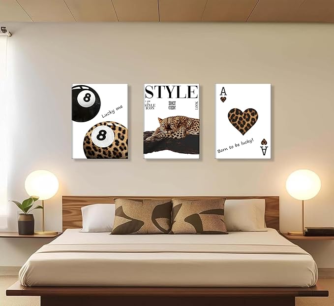 3pcs Framed Fashion Leopard Print Canvas Wall Art Cheetah Paintings Wall Decor Stylish Lucky 8 Ball Posters Prints College Style Room Aesthetic Pictures for Girls Bedroom Apartment Dorm Decoration