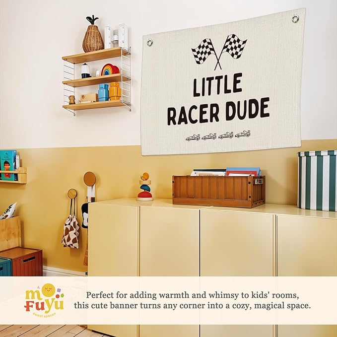 Playroom Decor,Little Racer Dude Canvas Banner,Race Car Room Decor for Boys,Cars Bedroom Decor,Toddler Boy Wall Hanging for Bedroom or Playroom, 30x20 Inch