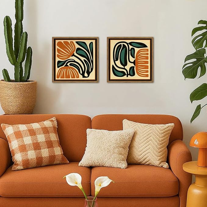 Mid Century Floral Wall Art Set of 2, Modern Square Abstract Botanical Wall Decor Picture, Vintage Boho Eclectic Plant Canvas Prints Paintings for Bedroom Living Room 24x24 inch Wood Framed