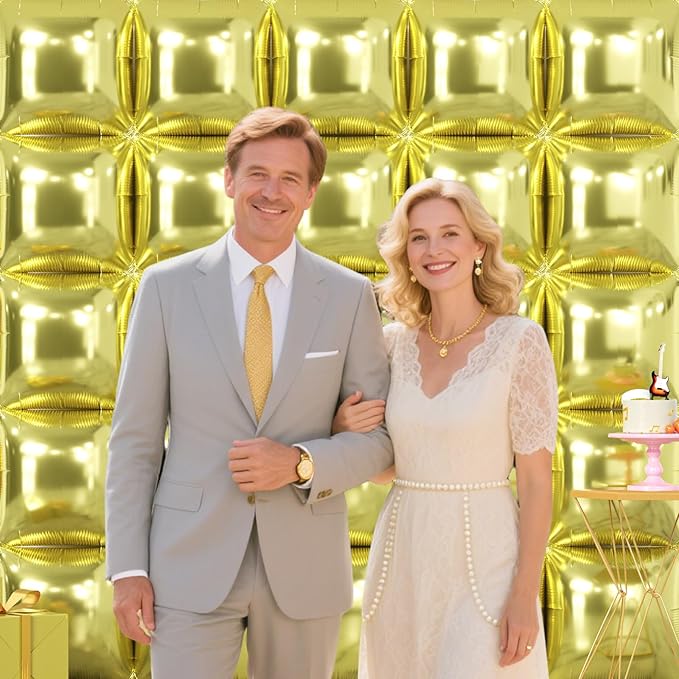 NISOCY 25PCS Light Gold Square Foil Balloons Wall Backdrop Metallic Double Sided Light Gold Christmas Balloons Tunnel Arch Kit for New Year Birthday Anniversary Wedding Graduation Party Decorations