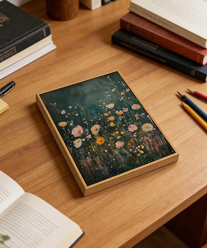 Framed Dark Moody Wildflower Wall Art Vintage Botanical Wildflower Field Floral Poster Print Nature Landscape Aesthetic Picture Wall Decor for Bedroom Living Room Home Decoration 8x10in