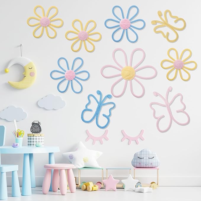 Wesiti 9 Pcs Boho Nursery Decor 3 Size Daisy Flower and Butterflies Woven Macrame Wall Hanging for Home Nursery Bedroom Dorm Wall Art(Classic Color)